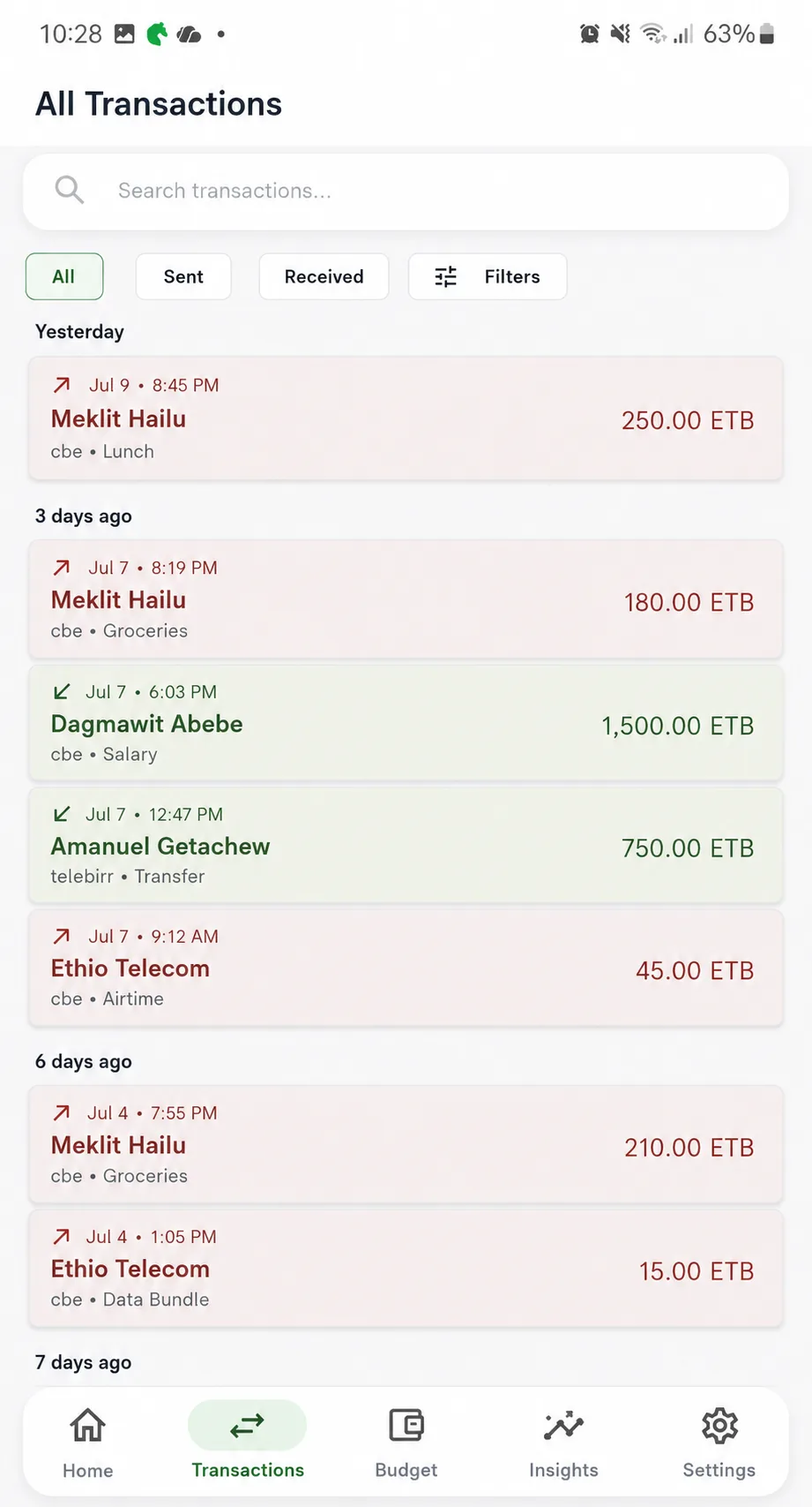 Faranka transactions list
